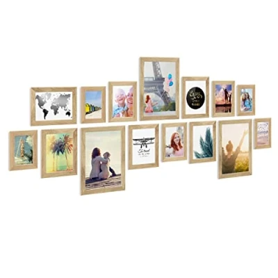 Abbildung von PHOTOLINI Bilderrahmen Set Eiche Massivholz, breite Rahmen, 15er Rahmenset, modern, bruchsicheres Acrylglas, zum Aufhängen, extra Zubehör für Ihre stilvolle Wanddekoration
