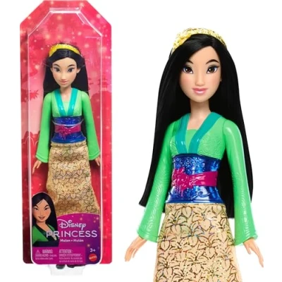 Abbildung von Mattel Disney Prinzessin Spielzeug, bewegliche Mulan Modepuppe mit glitzernder Kleidung und Accessoires, inspiriert vom Film, Geschenk für Kinder, HLW14