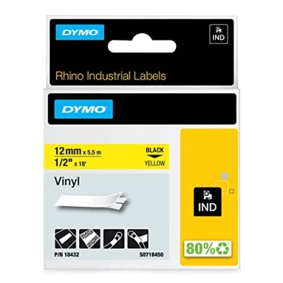 Abbildung von DYMO Rhino Industrie Vinyletiketten 12 mm x 5,5 m schwarz auf gelb selbstklebend für und LabelManager Beschriftungsgerät