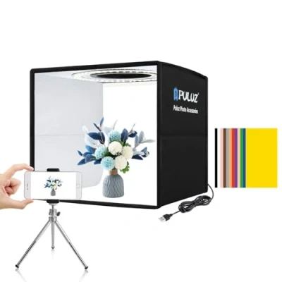 Abbildung von PULUZ Mini Fotobox 25x25cm, Faltbares Fotostudio Photobox Set mit CRI &gt;95, 96 LED Leuchten &amp; 6 Arten Doppelseitiger Farbhintergründe für kleine Produktfotografie