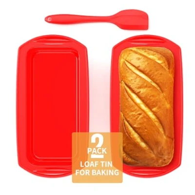 Abbildung von Ankway Rechteckig Silikon Brotbackform mit Teigschaber, 2er Set Anti haftende Backform Kastenform für Kuchen und Brote, 28x14.3x6.3cm, Rot, ASI013
