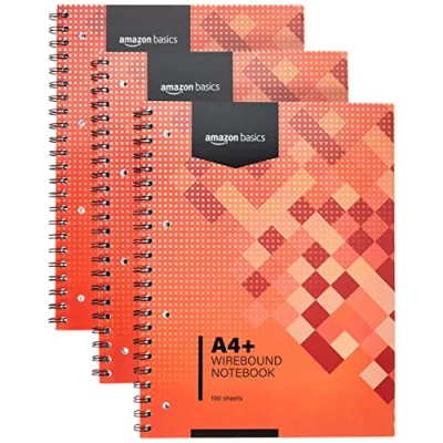 Abbildung von Amazon Basics Notizbuch mit Drahtbindung, 100 Blatt/200 Seiten A4+, 80 GSM, 3 Stück, Red