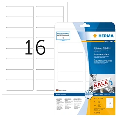Abbildung von HERMA 10009 Universal Etiketten ablösbar, 25 Blatt, 88,9 x 33,8 mm, 16 pro A4 Bogen, 400 Stück, selbstklebend, bedruckbar, matt, blanko Papier Klebeetiketten Aufkleber, weiß