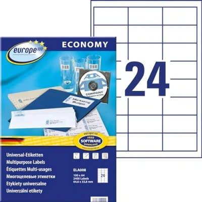 Abbildung von Europe100 Art. ELA008 Adressaufkleber (2.400 Klebeetiketten, 64,6x33,8mm auf A4, Papier matt, individuell bedruckbar, selbstklebende Adressetiketten, kompatibel zu AVERY 3658) 100 Blatt, weiß
