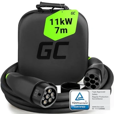 Abbildung von Green Cell GC Snap Typ 2 Ladekabel 11kW 7m 16A für EV Elektroautos auf 3 Phasig TÜV Kompatibel mit Model Y S X, ID.3, ID.4, ID.5, Q4 e tron, 500e, IONIQ 5, Kona inkl. Premium Koffer