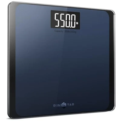 Abbildung von RunSTAR Digitale Personenwaage, hochpräzise Sensoren, 8 mm Sicherheitsglas, Tragkraft bis 250 kg, mit extragroßer Trittfläche und großem LCD Display, Step on Technologie, blau schwarz