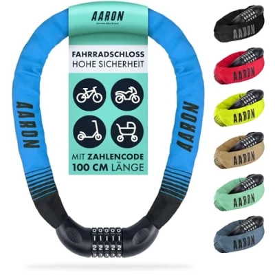 Abbildung von AARON Lock One Fahrradschloss mit 5 stelligem Zahlencode, Kettenschloss aus Stahl und hoher Sicherheitsstufe Schloss für E Bike, Mountainbike, Trekkingrad, Tourenrad, Rennrad in blau