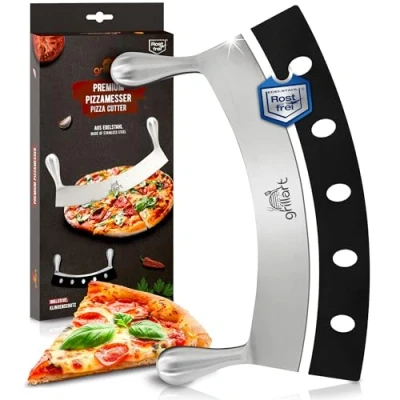 Abbildung von grillart® Premium Pizzamesser Extra scharfer Edelstahl Pizzaschneider mit 30 cm Klinge &amp; Doppelgriff für müheloses Schneiden hochwertiges Wiegemesser effizienter als Pizzaroller