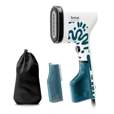 Abbildung von Tefal Pure Pop Home &amp; Travel Dampfbürste, 20 g/Min. Dampfabgabe, in 15 Sek. einsatzbereit, Pad System, sicheres Dampfglätten, zuhause/unterwegs, 2 Wassertanks, Alpenblau, DT2040E1