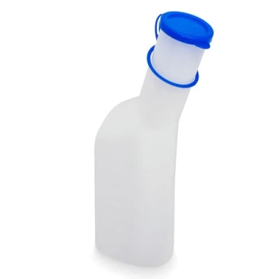 Abbildung von Urinflaschen für Männer 1000ml, ARNOMED Urinflasche milchig mit blauer Verschlusskappe, PP Pinkelflasche eckig, auslaufsichere Männer, Notfall unterwegs