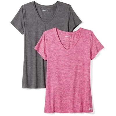 Abbildung von Amazon Essentials Damen Tech Stretch T Shirt mit kurzen Ärmeln und V Ausschnitt (erhältlich in Übergröße), 2er Pack, Dunkelgrau Meliert Space dye/Himbeerrot dye, S