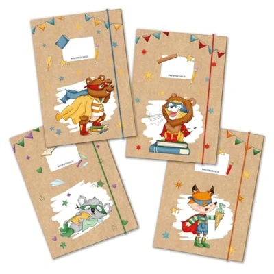 Abbildung von Papierdrachen 4 hochwertige Schulmappen für Kinder DIN A4 Motiv Superhelden Tiere Postmappe Grundschüler Heftsammler Sammelhefter Set Nummer 14