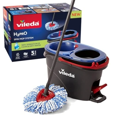 Abbildung von Vileda H2PrO Wischmopp Set mit Eimer 100% Trennung von Frisch und Schmutzwasser Innovatives Zweitanksystem Auswringfunktion Müheloses Auswringen Mikrofaserreinigung Ergonomisches Design