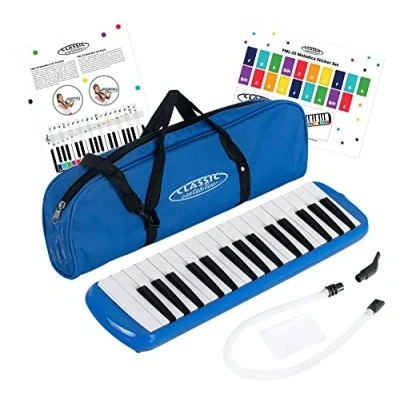 Abbildung von Classic Cantabile FML 32 BU Melodica Blasharmonika Mit Tasten Tonumfang: f c3 Booklet 5 Kinderliedern und bunten Aufklebern Etui, Mundstück Anblasschlauch Blau