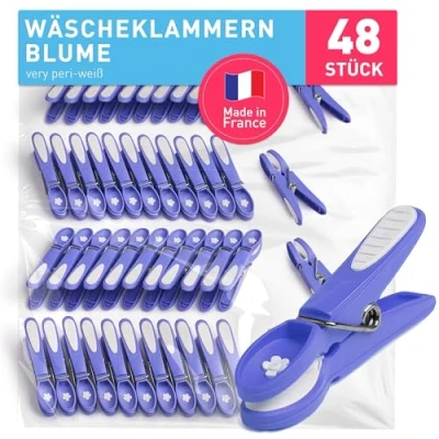 Abbildung von culiclean Wäscheklammern stabil ohne Abdruck Blume 48 Stück Very peri weißrobuste Kunststoff Kluppen Soft Grip Clothes Pegs ideal zum Aufhängen von Wäsche Hosen T Shirts Unterwäsche Socken