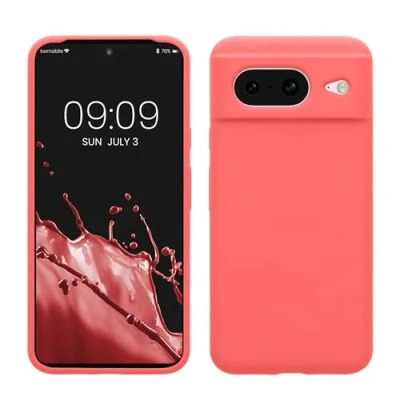 Abbildung von kwmobile Hülle kompatibel mit Google Pixel 8 Silikon Handy Case Handyhülle weiche Oberfläche kabelloses Laden Neon Koralle