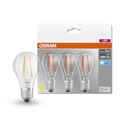 Abbildung von OSRAM LED Lampe, Sockel: E27, Kalt weiß, 4000 K, 7,50 W, Ersatz für 75 W Glühbirne, klar, BASE CLASSIC A, 3er Pack