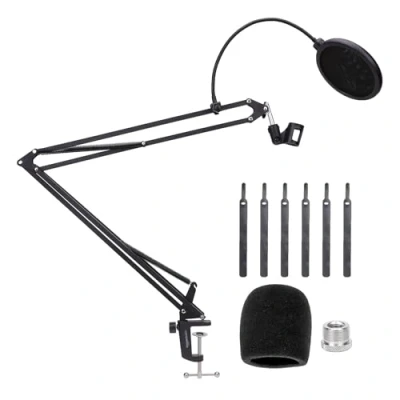 Abbildung von Amazon Basics Verstellbarer Mikrofonarmständer mit Popfilter und Schaumstoff Windschutz, Tischklemme, 360 Rotation, kompatibel Blue Yeti, Snowball, HyperX, 48.2 cm (19 Zoll), Schwarz