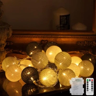 Abbildung von Ciskotu Baumwollkugeln Lichterkette Batteriebetrieben, 20 LED Dimmbar Cotton Ball mit Fernbedienung, Kugeln Innen für Kinderzimmer Weihnachten Hochzeit Party(Grau)