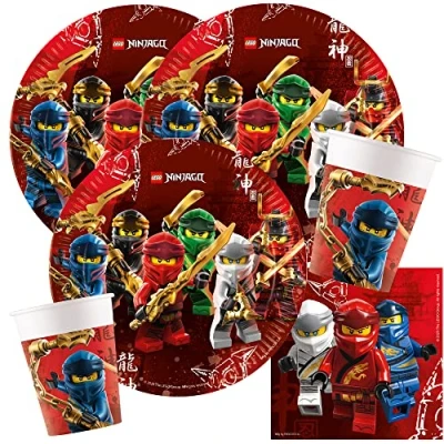 Abbildung von 44 teiliges Party Set Ninja Ninjago Teller Becher Servietten + Papiertrinkhalme für 8 Kinder