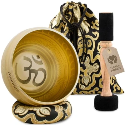 Abbildung von Tibetisches Klangschale Set Om für Yoga, Meditation und Entspannung handbemalte Tibetische Ø 10 cm, Doppel Schlägel mit Filz Leder, Ring Kissen, Beutel Anleitung