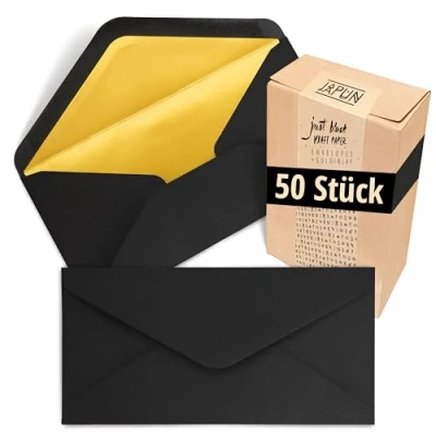 Abbildung von Japun Briefumschläge (50 Stück), Kuvert, Umschlag ohne Fenster DIN lang 220 x 110 mm innen: Gold Papier Farbe: schwarz