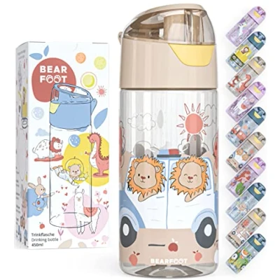 Abbildung von BEARFOOT Trinkflasche Kinder 450ml, leichte Tritan Wasserflasche, BPA frei, auslaufsicher, Kohlensäure geeignet, spülmaschinenfest für Jungen, Mädchen, Kindergarten (Beige Polizeilöwen)
