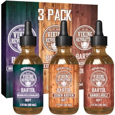 Abbildung von Viking Revolution Bartöl Macht Weich, Schützt Und Stärkt Aus Ganz Natürlichen Sandelholz, Kiefer, Zeder Muskatellersalbei Herren Geschenke Für Männer Set 3 x 30 ml
