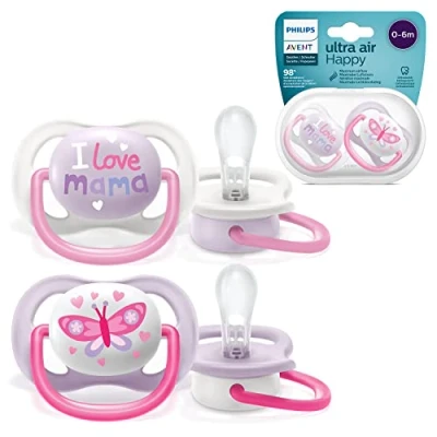 Abbildung von Philips Avent SCF080/02 Ultra Air Schnuller 0 6 Monate, Atmungsaktiv, Kiefergerecht, BPA frei, Doppelpack, Schmetterling/Mama Design