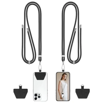 Abbildung von COCASES Handykette Universal zum Umhängen 2 Stück Handyband aus Nylon kompatibel mit jeden Smartphones, Handy Kette Umhängenband Kordel (Schwarz*2)