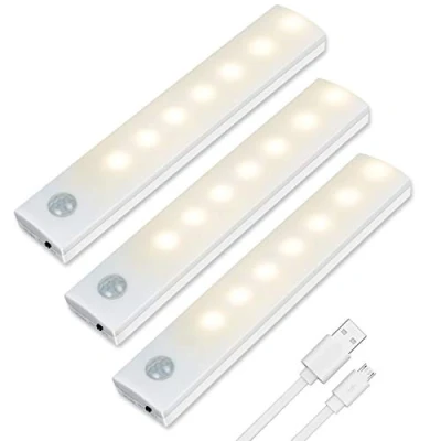 Abbildung von Vicloon LED Sensor Licht, 3 Stück Wiederaufladbar Warmweiß Schranklicht mit Bewegungsmelder &amp; Magnetstreifen, Schrankbeleuchtung für Küche, Kleiderschrank, Treppe, Schublade, Dachboden, Flur…