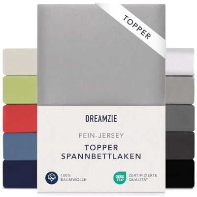 Abbildung von Dreamzie Premium Topper Spannbettlaken 140x200 cm 160x200 extra niedriger Seitenhöhe für Topperauflage Spannbetttuch Jersey Baumwolle, 150 g/m² Oeko TEX Grau