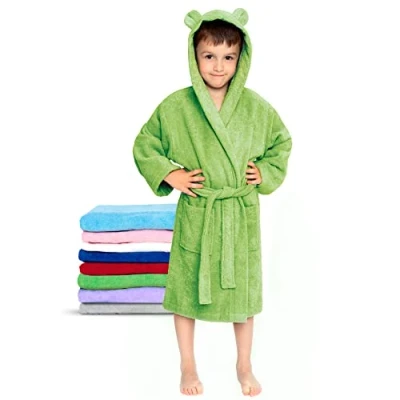 Abbildung von Twinzen Kinderbademantel Mädchen oder Junge 100% Baumwolle Ohne Chemikalien OEKO TEX® 2 Taschen, Gürtel, Kapuze mit Ohren 10 12 Jahre, Grün, Size6