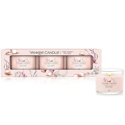 Abbildung von Yankee Candle Duftkerzen Geschenkset Votivkerzen mit Pink Sands Soja Wachs Mix 3 Teile, Kleine Kerze im Glas, Blumig