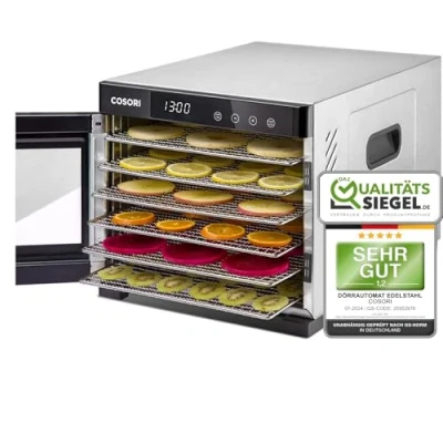 Abbildung von COSORI Dörrautomat edelstahl, Food Dehydrator mit 50 Rezepte, inkl. 6 Edelstahl Dörrtabletts, 3 Dörrgitter, Dörrmatte, große Fläche 0,6 m², 48 Std. Zeitschaltuhr, LED Display (35 75C) und 650W