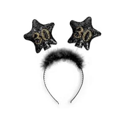 Abbildung von PartyDeco Stirnband mit Sternen und gedruckten Zahlen 30 Schwarz Fell Haarband für 30. Geburtstag Runde Gadgets Geburtstagsgeschenk Haarschmuck