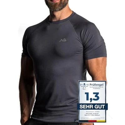 Abbildung von Natural Athlet Slim Fit Fitness Tshirt für Herren Enges &amp; langes atmungsaktives Männer Kurzarm Gym T Shirt Sport, Gym, Fitnessstudio, Workout, Bodybuilding und Krafttraining Anthrazit