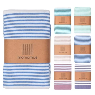 Abbildung von MOMOMUS Fouta XXL oder Dünne Picknickdecke Groß für Strand Mit Fransen, Gestreift, ohne Sand Stranddecke XXL, Strandmatte Sandfrei und Picnic Blanket Blau, 210x240 cm