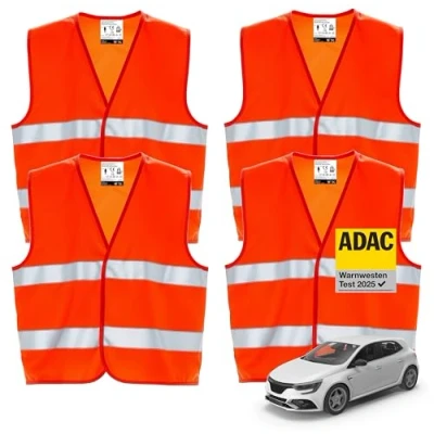 Abbildung von 4er Warnwesten Auto ISO20471 orange 2025 leuchtende &amp; reflektierende Sicherheitswesten für PKW LKW Autozubehör Notfälle und Pannen