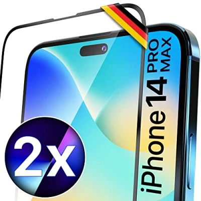 Abbildung von UTECTION 2X Full Screen Schutzglas für iPhone 14 PRO MAX Perfekte Passform vom Deutschen Anbieter Kinderleichte Anbringung &gt; Keine Blasenbildung, ultimative Glashärte Langzeitschutz