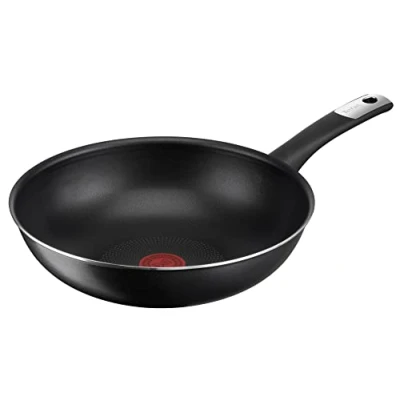 Abbildung von Tefal C38819 Hard Titanium Essential Wokpfanne 28 cm Antihaftversiegelung mit Titanpartikeln Thermo Signal Temperaturanzeiger spülmaschinengeeignet Made in France Schwarz