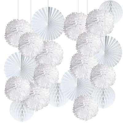 Abbildung von 20er Weiss Deko Seidenpapier Pompons, Dekorpapier Blumenpuscheln Papier, Rosetten, Fans Fächer, Papierfächer, Wabenbälle. Dekoration Hochzeit, Taufe Mädchen, Baby Shower, Geburtstag Party