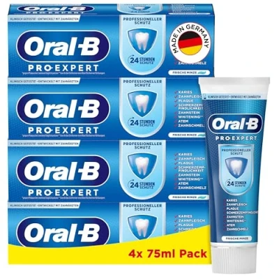 Abbildung von Oral B Pro Expert Professioneller Schutz Zahncreme, 24 Stunden vor Plaque, frischer Minzgeschmack, Made in Germany, Zahnpasta, 4x 75 ml Pack
