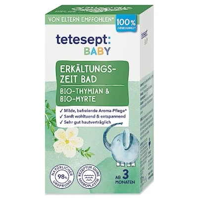 Abbildung von tetesept Baby Erkältungszeit Bad Badezusatz mit Bio Thymian und Myrte für einen befreienden Duft Effekt Wohltuende, milde Aroma Pflege Babys ab 3 Monaten 100 ml