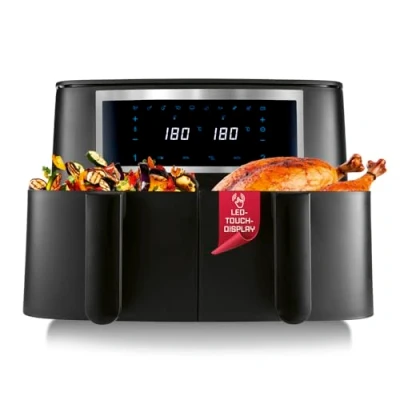 Abbildung von GOURMETmaxx Doppelkammer Heißluftfritteuse 2 x 4 L Synchro Garzonen Airfryer Fritteuse mit Touchscreen Kammern &amp; 10 Programmen fast ohne Öl frittieren