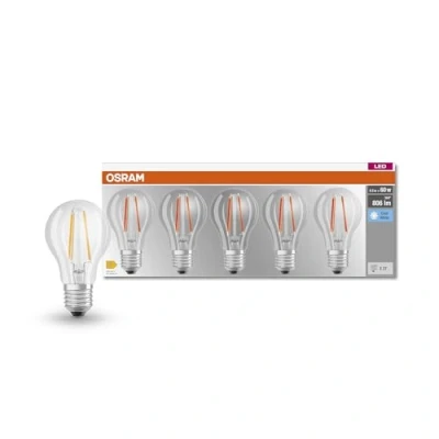 Abbildung von OSRAM LED BASE Classic A60, klare Filament Lampen aus Glas für E27 Sockel, Birnenform, Kaltweiß (4000K), 806 Lumen, Ersatz herkömmliche 60W Glühbirnen, 5er Box