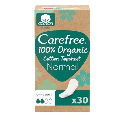 Abbildung von Carefree Slipeinlage 100% Organic Cotton Topsheet Normal (30 Stück), aus zertifizierter Bio Baumwolle für ein natürliches, frisches Gefühl, Größe