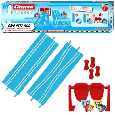 Abbildung von Carrera First Expansion Pack One fits All 5 teiliges Rennbahn Zubehör 1x Gerade, Engstelle, Flip Element inkl. Aufkleber, 2X Stützen Carrerabahn Erweiterung ab 3 Jahren 70 cm Länge
