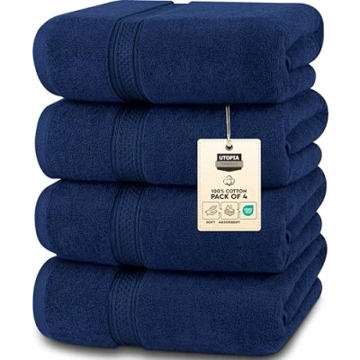Abbildung von Utopia Towels 4er Pack Badetücher Set Premium 100% ringgesponnene Baumwolle 69 x 137 cm Handtücher, sehr saugfähig, weiches Gefühl Duschtücher (Marineblau)