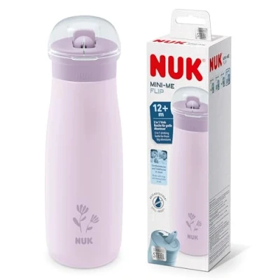 Abbildung von NUK Mini Me Flip mit Strohhalm für Kleinkinder ab 12 Monate 500 ml Edelstahl Wasserflasche Kinder auslaufsichere stabile Trinköffnung bruchsicher lila Blume